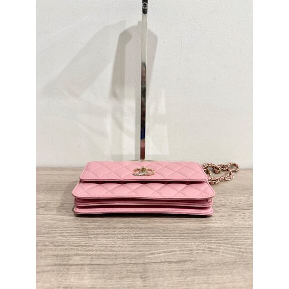 Chanel Quilted Leather Crystal Embellished Clutch Handbag with Chain Strap Pink - Picture 11 of 13